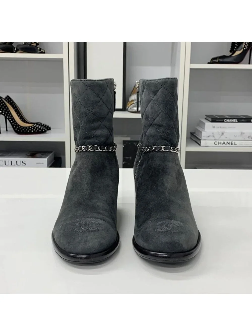 Chanel CC Logo Quilted Suede Chain Short Boots